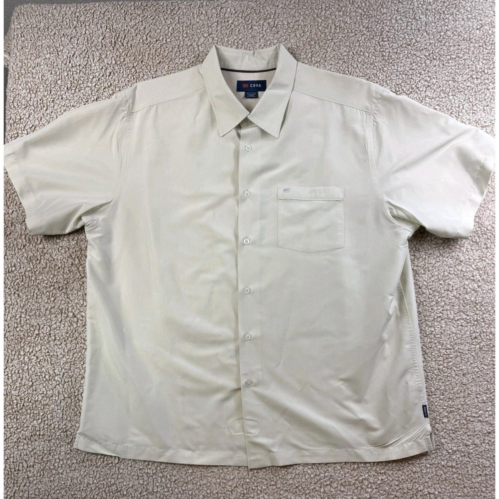 Cova Casual Button Up Shirt Tan/Ivory Short Sleeve Men's 2XL Pocket Poly Blend
